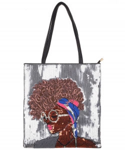 African-American Women Design Reversible Sequin Tote Bag A039GPP SILVER